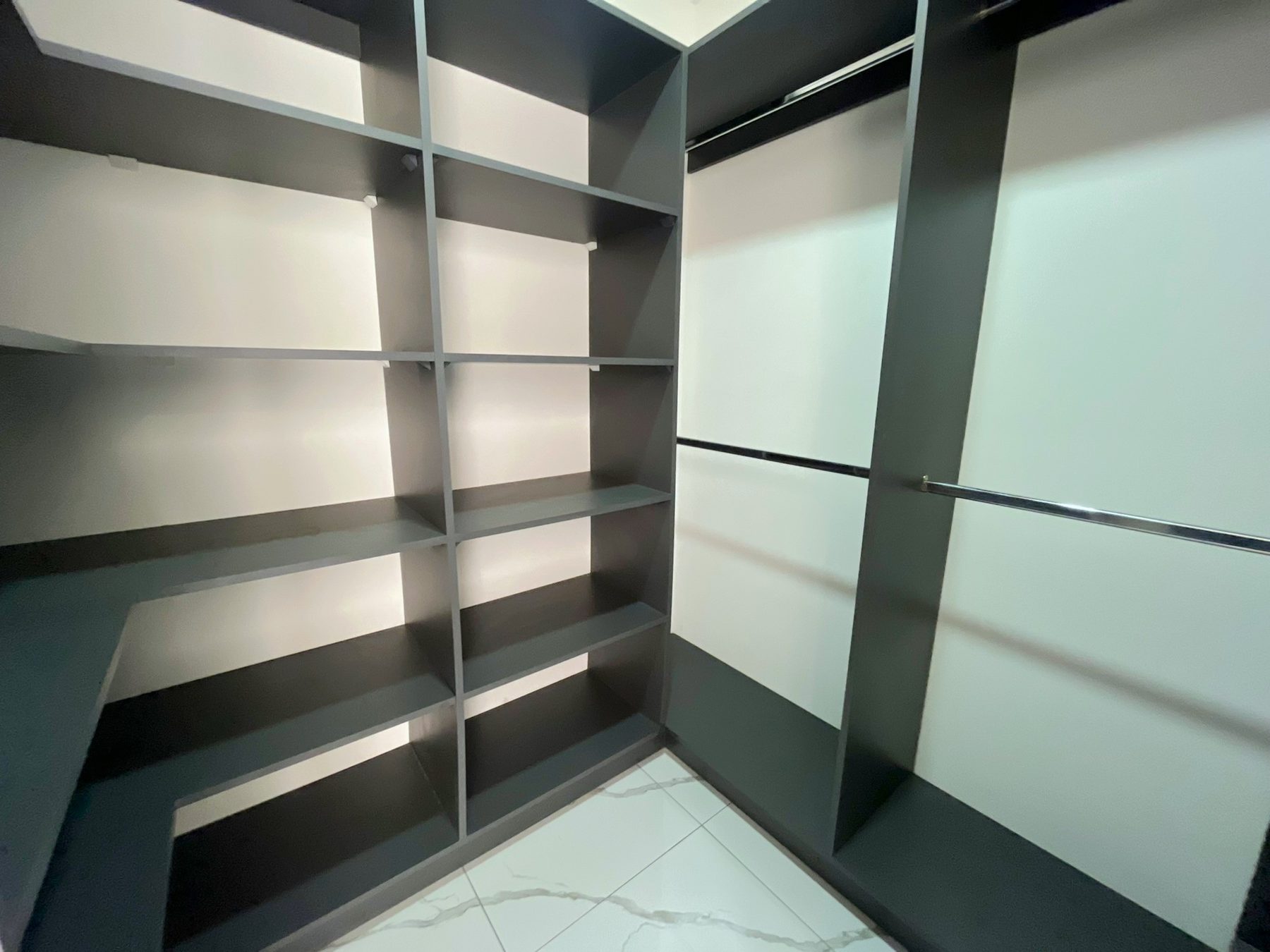 Walk-in closet con repisas y tubos para colgar ropa