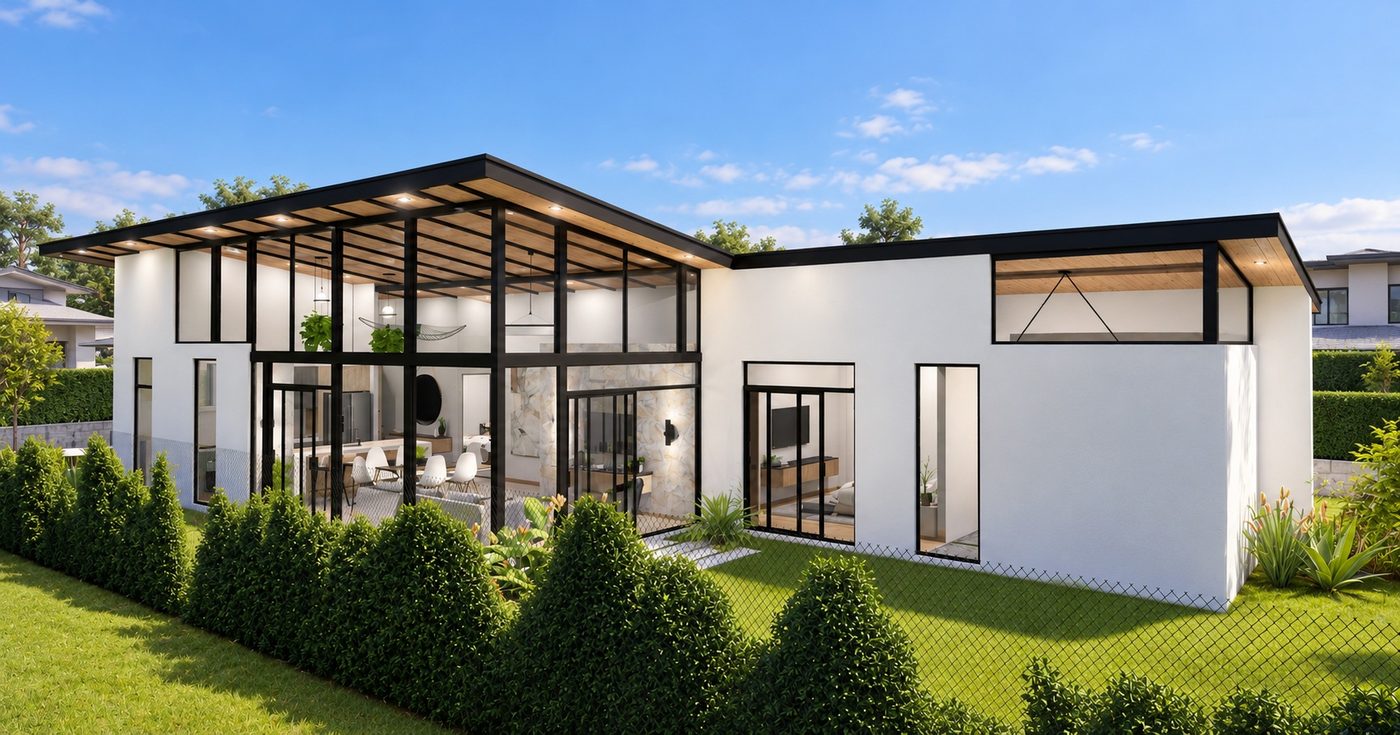 Fachada posterior de Residencia Aura, con el área social acristalada y el cielo de madera