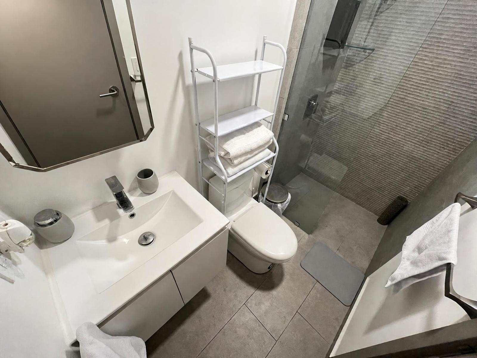 Baño con mueble de lavatorio, organizador y ducha con vidrio