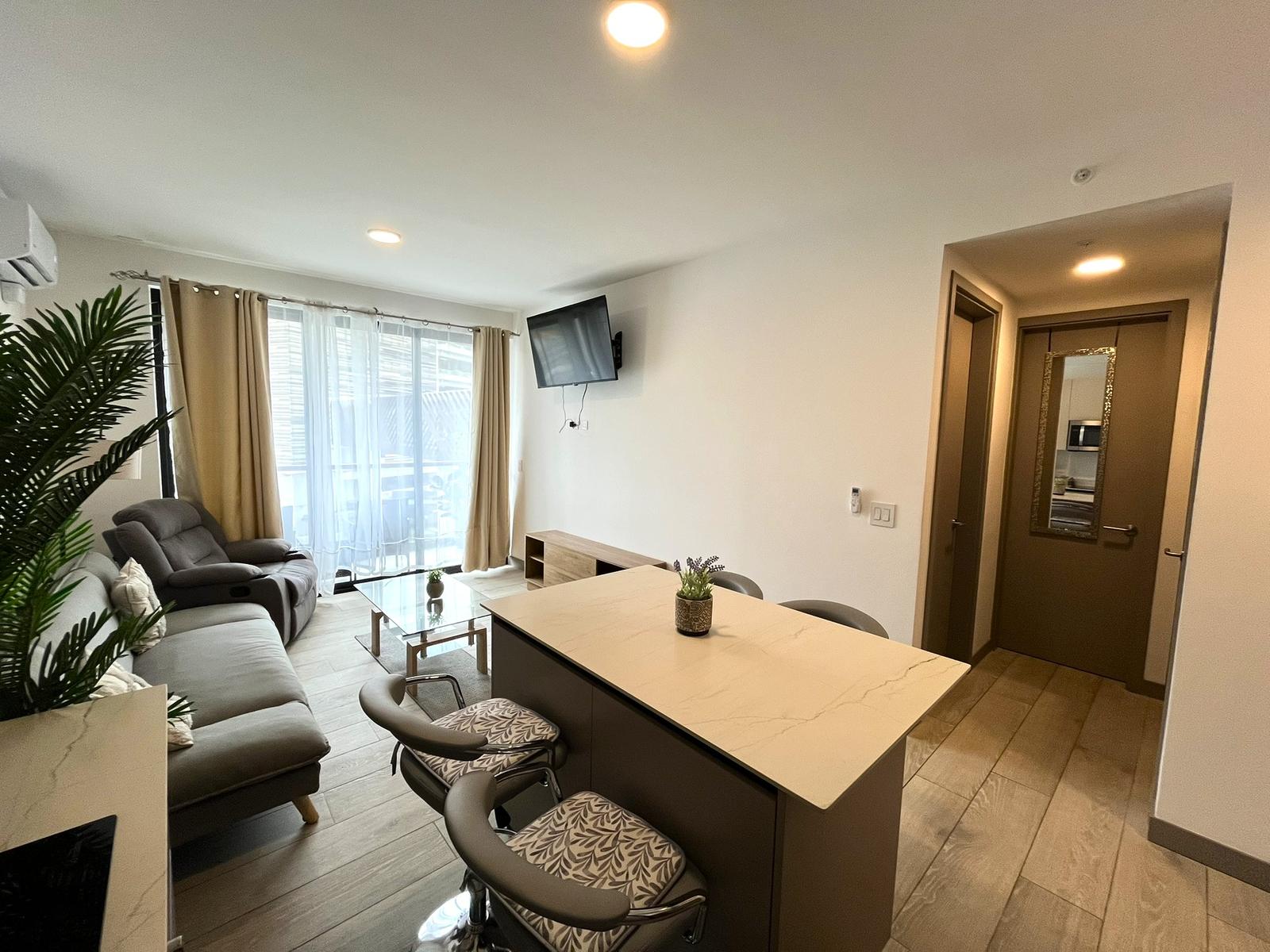 Sala con vista a la puerta del balcón y pasillo a la habitación