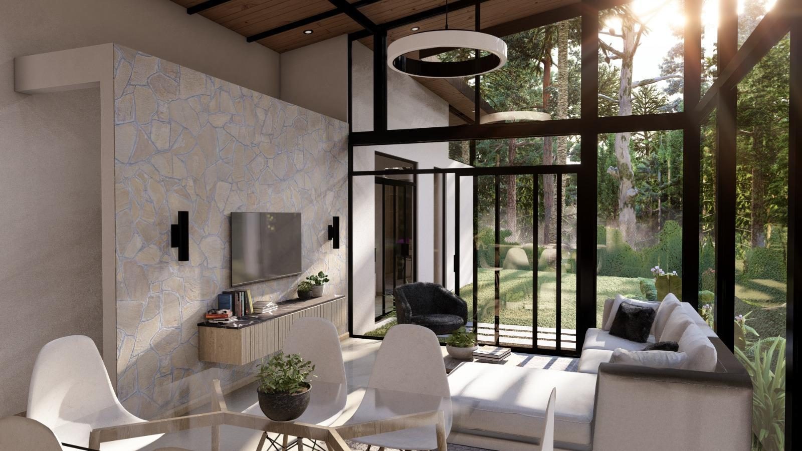 Sala de Residencia Aura con ventanal de doble altura y luz natural entrando