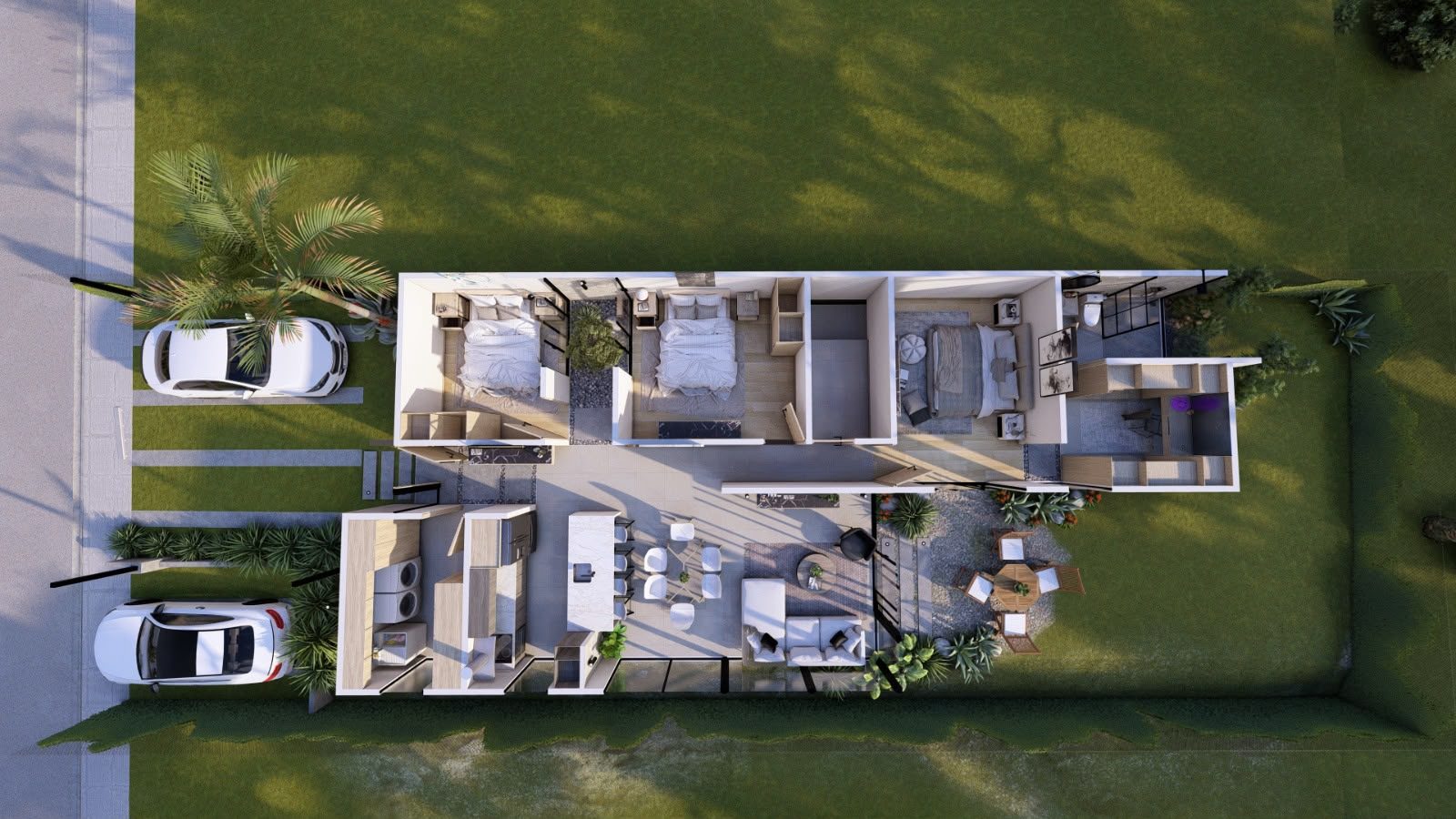 Vista aérea seccionada de Residencia Aura mostrando la distribución de habitaciones, área social, cochera y jardín interno