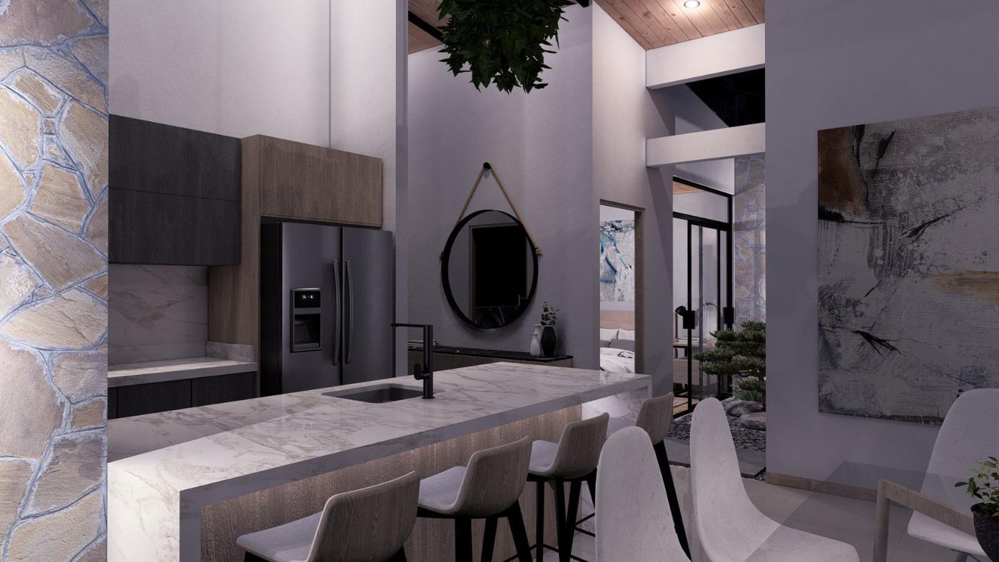 Isla de cocina y comedor iluminados de noche