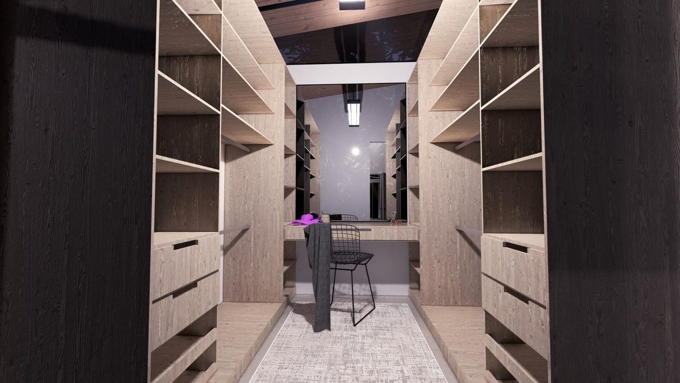 Walk-in closet de madera con tocador y espejo