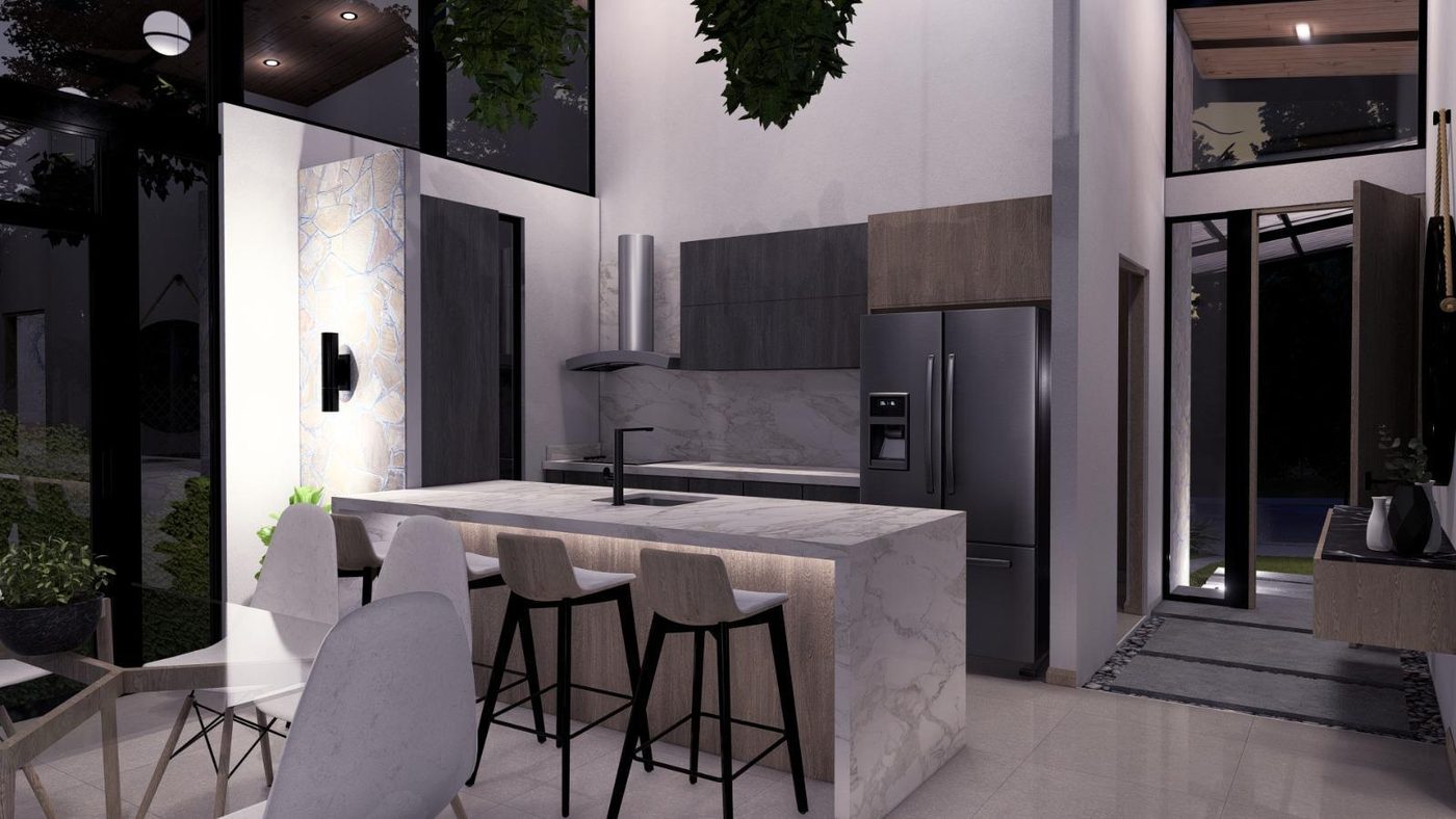 Cocina de Residencia Aura iluminada de noche