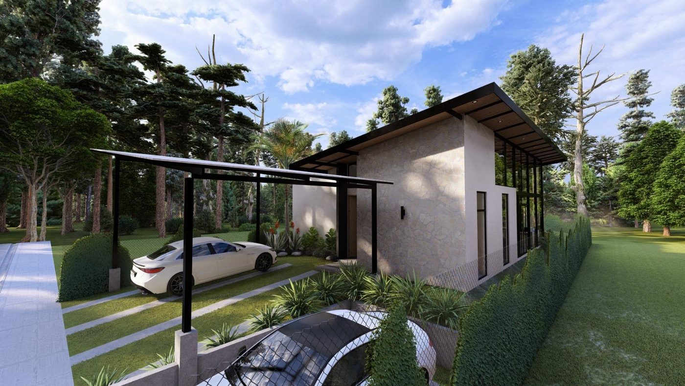 Vista lateral de Residencia Aura con la pérgola de la cochera