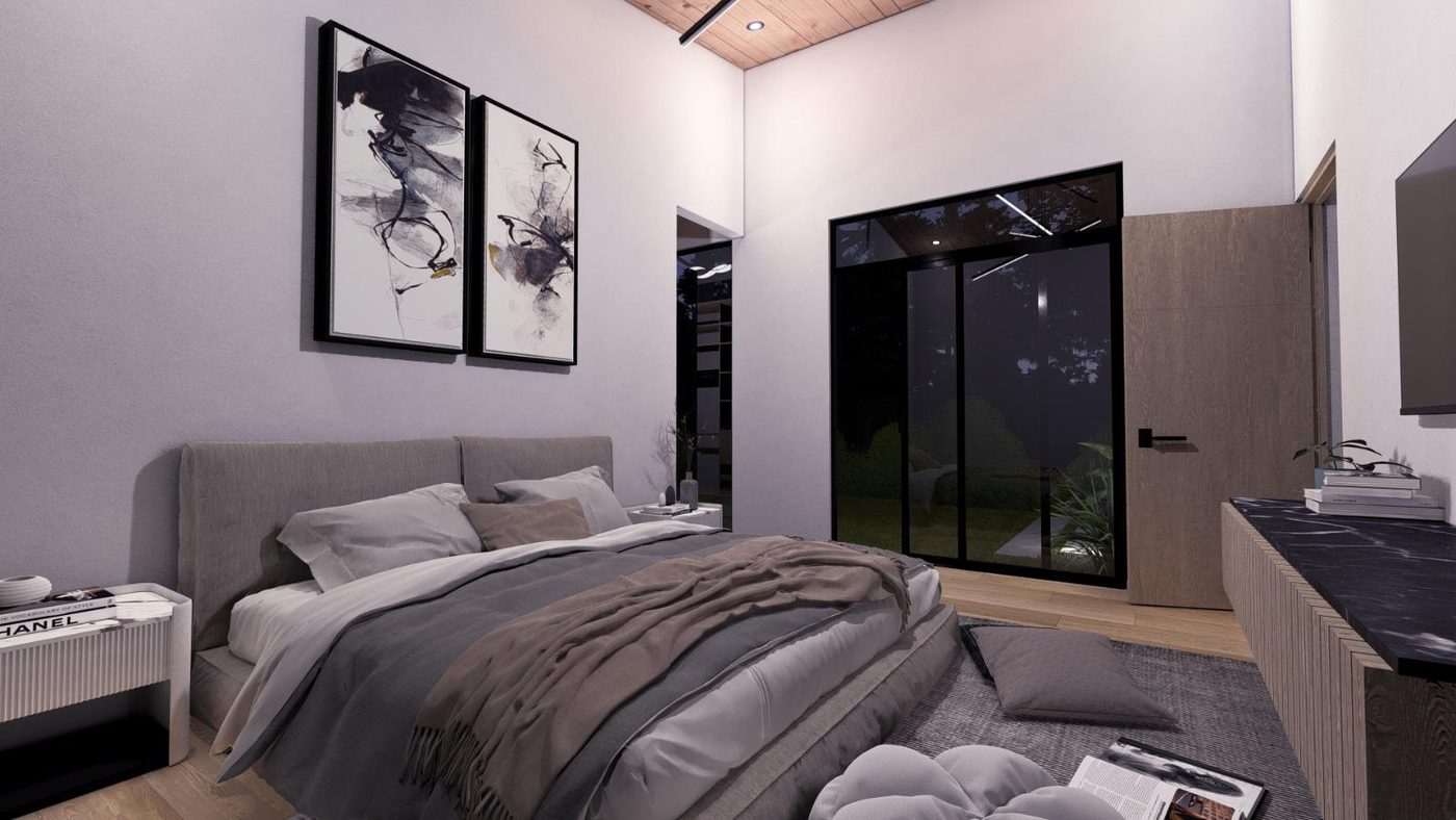 Habitación principal de Residencia Aura de noche, con salida al jardín